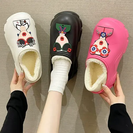 防水棉拖鞋女冬季室内家居厚底增高加绒保暖卡通可爱包跟棉鞋外穿商品大图