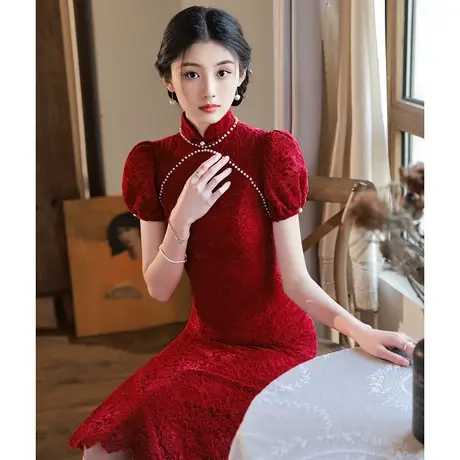 红色旗袍敬酒服新娘2023新款夏季小个子结婚法式订婚礼服蕾丝高端图片