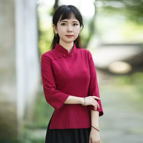 筠雅唐装女中国风旗袍棉麻盘扣上衣女秋装改良长袖茶服中式女装商品大图