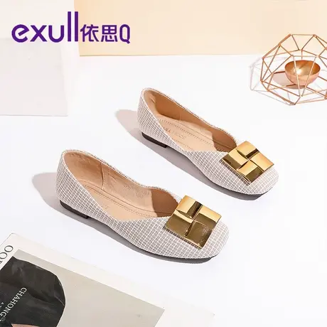 【商场同款】方头单鞋女平底2023年秋冬女鞋浅色金属扣瓢鞋格子鞋商品大图