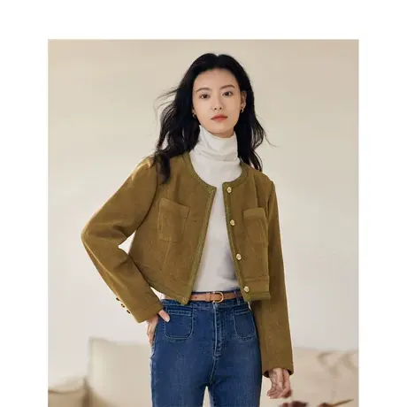 茵曼田园复古小香风坑条灯芯绒短外套2023冬女装新款圆领显高上衣商品大图