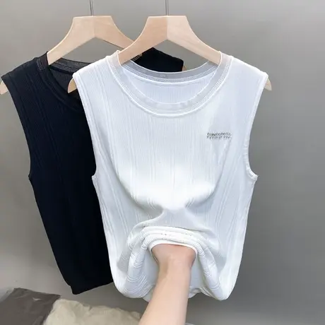 圆领冰丝针织吊带背心女2023春夏秋新款蕾丝钉珠打底衫薄美背上衣图片