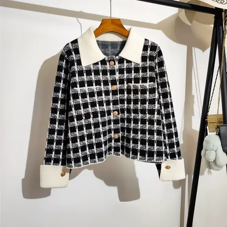 小香风毛衣开衫女秋冬新款宽松百搭棋盘格长袖气质短款针织衫外套图片