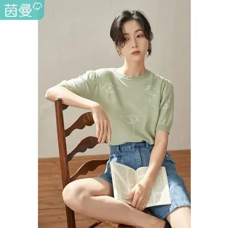 【商场同款】茵曼2023春女装新款田园提花圆领显瘦短袖毛衣针织衫商品大图