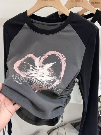 插肩袖长袖t恤女秋季2023新款洋气设计感抽绳短款上衣女打底衫潮图片