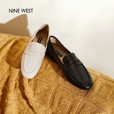 Nine West/玖熙羊皮乐福鞋女2025夏季新款英伦风舒适平底黑色单鞋图片