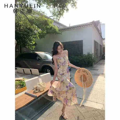 【韩语琳 新品限时9折】法式紫色碎花吊带连衣裙度假名媛气质长裙图片