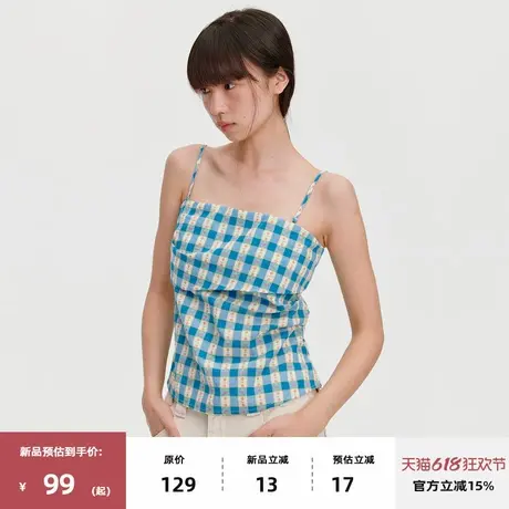 omont蛋挞家复古蓝白格子吊带背心2025夏度假风修身显瘦抹胸上衣图片