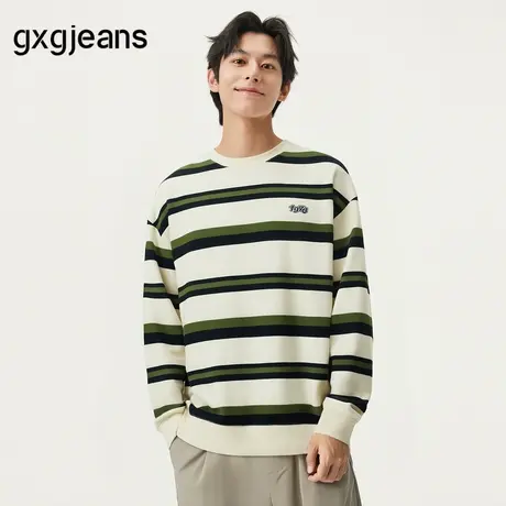 【1978系列】gxgjeans男装2024年秋季宽松刺绣条纹圆领套头卫衣图片