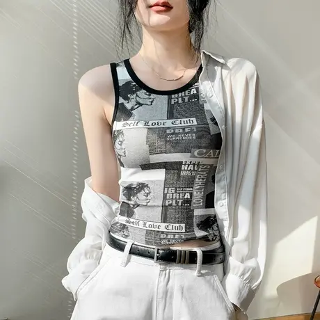 美式复古风圆领无袖背心女2025春夏新款人物外穿印花内搭修身上衣图片