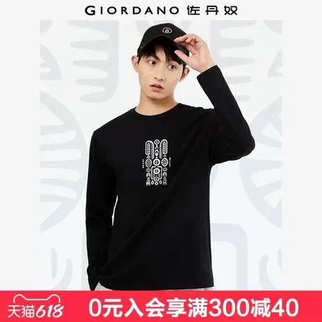 佐丹奴联名t恤男新款纯棉图腾印花国潮风圆领长袖上衣男91094052商品大图