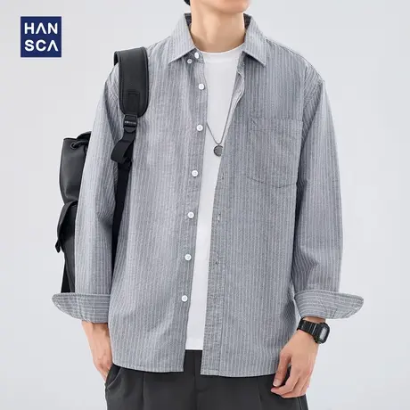 hansca条纹衬衫男士长袖秋季高级感纯棉宽松潮牌痞帅翻领衬衣外套商品大图