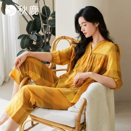 秋鹿柔软透气梭织纯棉睡衣女2025夏季新款V领显瘦七分袖薄家居服商品大图