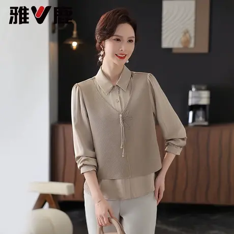 雅鹿中老年衬衫假两件女装2025夏新款减龄妈妈装纯色拼接休闲衬衫图片