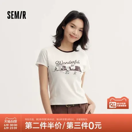 森马史努比系列短袖T恤女短款紧身撞色复古风夏季小个子印花上衣图片