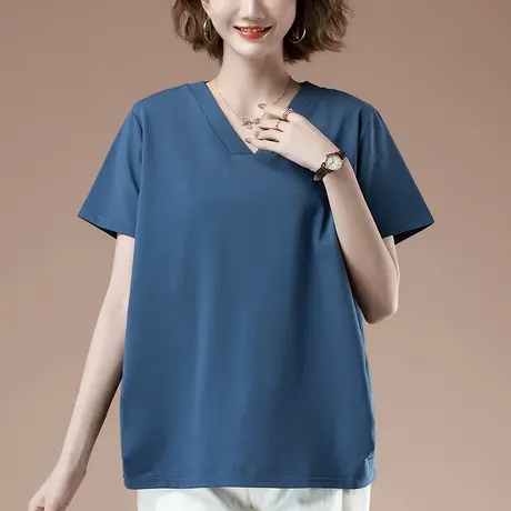 中年妈妈短袖t恤女夏季新款加肥加大码女装宽松全棉纯色V领体恤衫商品大图