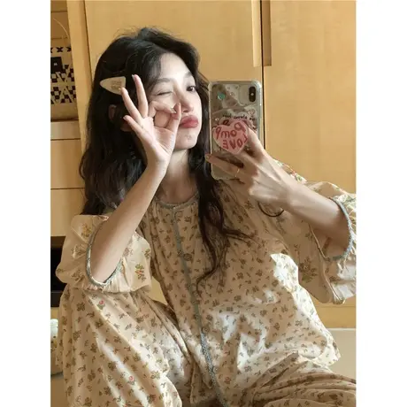 复古睡衣女春秋款夏天梭织纯棉网红风小碎花秋季家居服套装商品大图