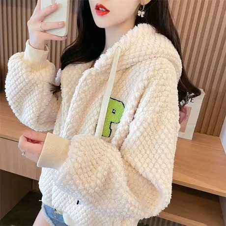 卫衣女2023新款秋冬季韩版宽松加绒加厚小个子保暖羊羔毛开衫外套商品大图