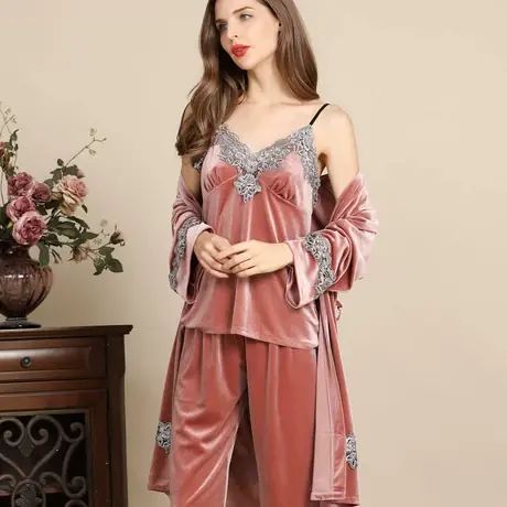 金丝绒睡衣女秋冬性感吊带睡袍长裤三件套高级感天鹅绒家居服套装商品大图