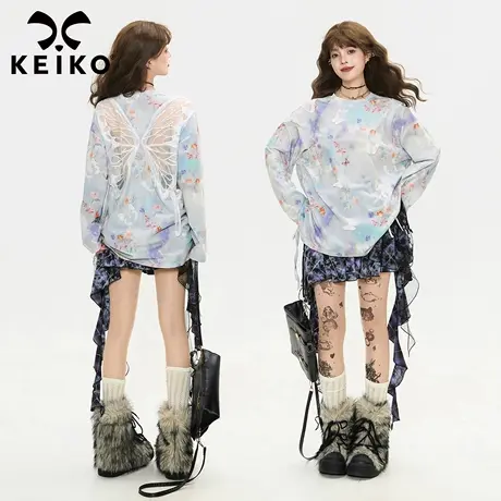 KEIKO [立体绣] 梦幻蝴蝶晕染长袖t恤女2025秋季微透显瘦露背上衣商品大图