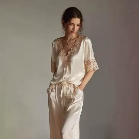 芬腾冰丝睡衣女夏季性感短袖长裤休闲薄款凉感蕾丝边家居服套装商品大图