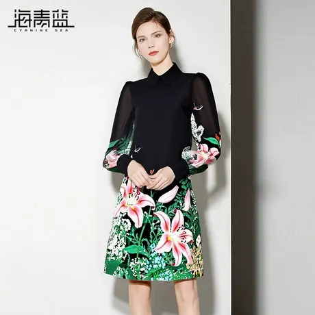 海青蓝 长袖连衣裙秋冬女2025新款女装立领印花设计感小众裙子图片
