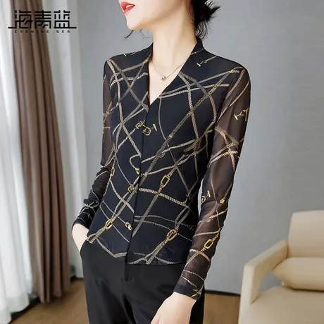 海青蓝网纱印花修身t恤女士v领设计感上衣2024春秋新款长袖打底衫商品大图
