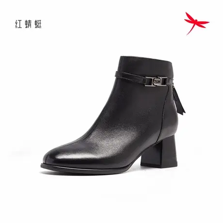 红蜻蜓女靴秋冬季时尚粗跟百搭短筒靴子女休闲通勤气质时装靴商品大图