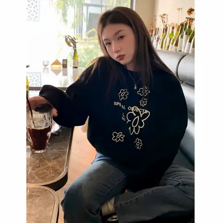 韩系ins风休闲百搭圆领卫衣女早秋薄款慵懒风宽松显瘦套头上衣潮商品大图