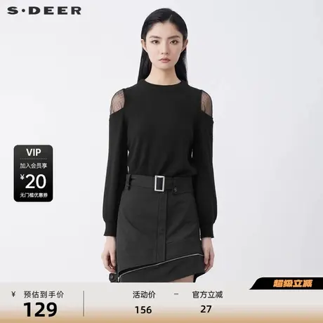 S·DEER圣迪奥女装罗纹圆领欧根纱拼接长袖针织衫S21483528图片