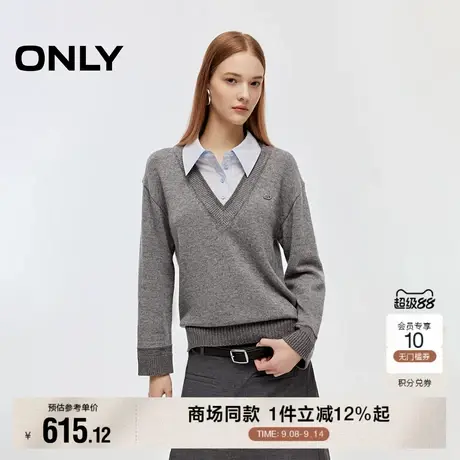 ONLY2025秋季新款简洁宽松落肩衬衫领假两件拼接长袖针织衫女商品大图