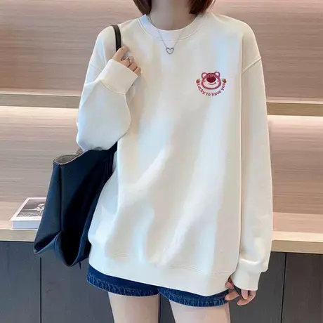 卡通小熊印花圆领无帽白色卫衣女2025新款秋冬季宽松中长款遮屁股商品大图
