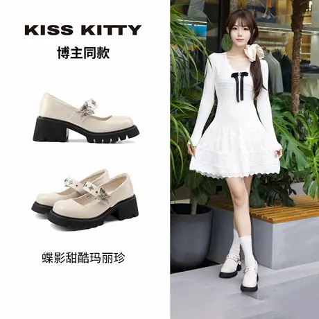 KISSKITTY博主同款厚底玛丽珍鞋蝴蝶扣单鞋圆头米白色女鞋商品大图