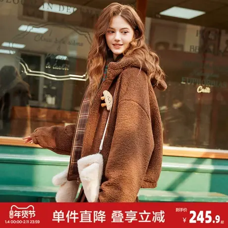 唐狮2026春季新款仿羊羔毛棉衣外套女连帽中长款外套女士连帽棉服图片