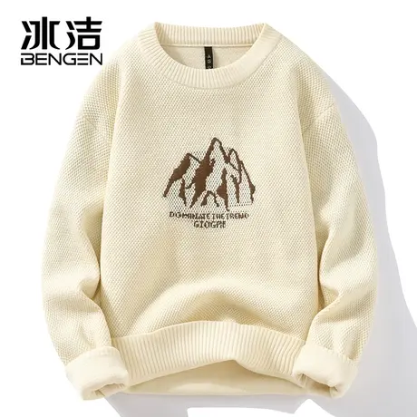 冰洁圆领毛衣男秋冬新款加厚保暖条纹针织打底衫慵懒套头毛线衣ZC商品大图