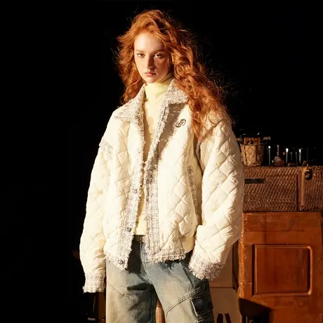 格子拼接小香风棉服女冬季加厚外套2023新款菱格oversize绗棉棉衣商品大图