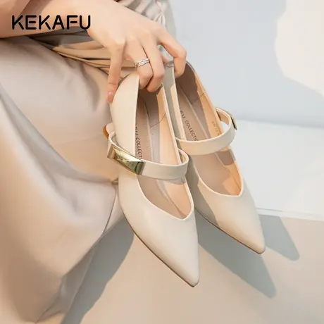 珂卡芙尖头绝美高跟鞋秋季女款2023新款高级感小皮鞋白色气质单鞋商品大图