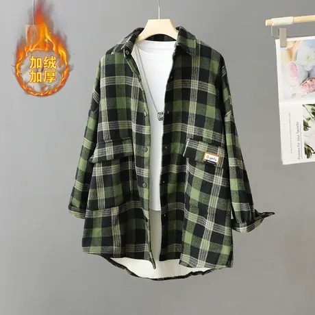 冬季羊羔绒外套女中长款宽松大码加绒加厚格子衬衫外套慵懒风棉袄图片