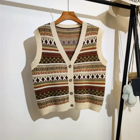 复古提花v领针织马甲开衫女秋冬2023新款单排扣毛衣坎肩背心外套商品大图