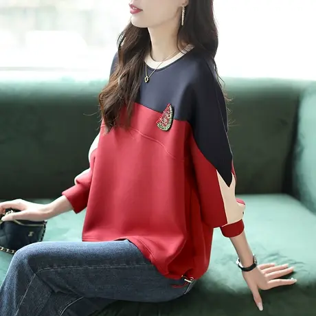宝诗黎宽松圆领拼接长袖秋装时尚卫衣女2023新款慵懒短款套头上衣商品大图