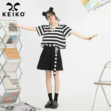 酷感黑白条纹polo领短袖t恤女2022夏季新款时髦纯棉宽松短款上衣图片