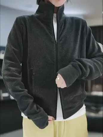 2023秋冬新款立领德绒外套女休闲百搭开衫上衣双拉链显瘦夹克衫潮商品大图