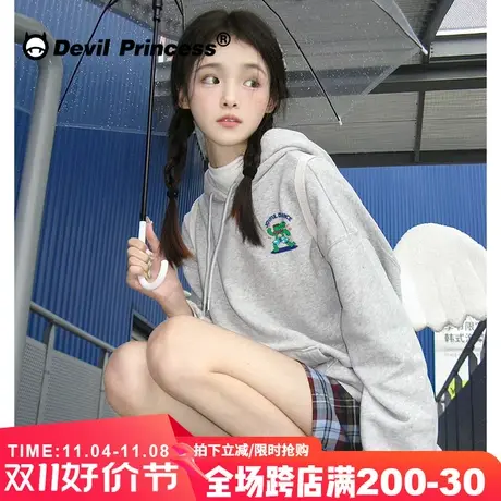 ulzzang小众卡通潮牌学院风灰色帽衫卫衣女宽松通勤百搭套头上衣商品大图