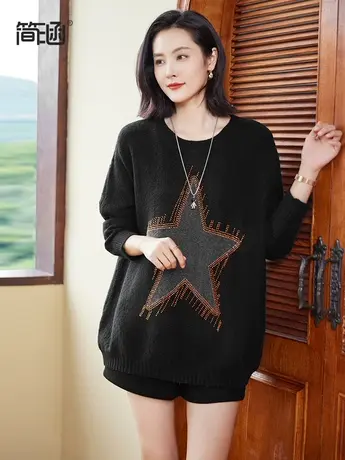 简涵大码黑色烫钻圆领毛衣女秋冬2023新款宽松设计感针织长袖上衣商品大图
