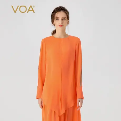 VOA桑蚕丝乔其柚橙色圆领长袖飘带活页尖角下摆甜美时尚真丝T恤图片