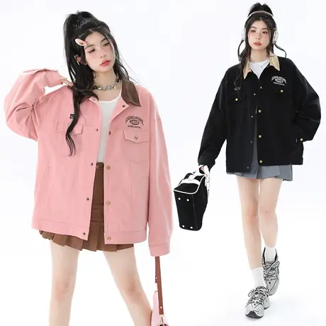 YEP美式复古拼接外套女春秋2023新款ins潮牌宽松oversize夹克上衣商品大图