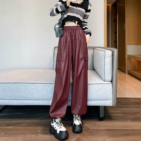 美式红色工装皮裤女秋冬新款宽松直筒高腰显瘦pu皮休闲束脚长裤子商品大图