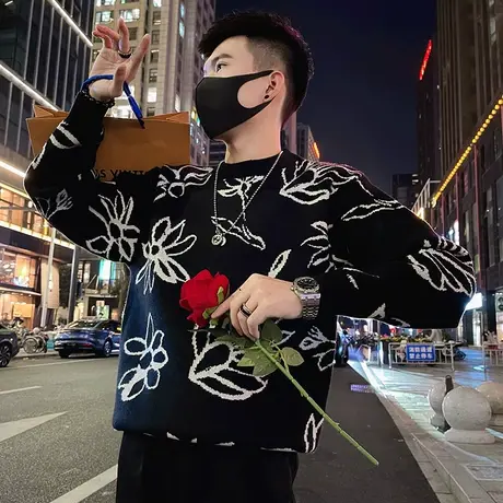 毛衣男秋冬季小众简约植物提花设计感宽松套头花色毛线打底针织衫商品大图