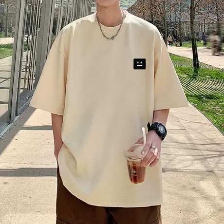 华夫格笑脸贴标短袖男vintage夏季美式情侣体恤衫薄款大码休闲t恤商品大图