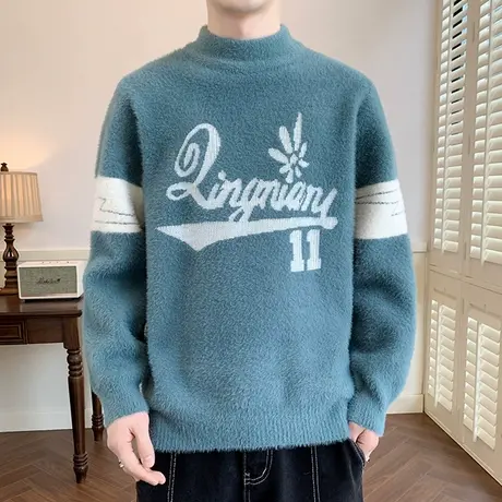 半高领水貂绒毛衣男士字母针织线衣潮流秋冬季帅气修身加厚打底衫商品大图